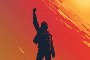 Silhouette of a leader with fist raised against a radiant red backdrop and winning