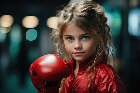 Little girl in boxing gloves at training. Selective focus, photo in motion for projects or design about the development of sports of younger generation. Sports club advertising