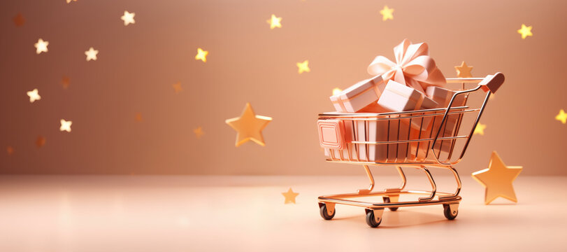 Generative AI, peach fuzz color shopping cart with many gift boxes on light peach background, holiday concept © DELstudio