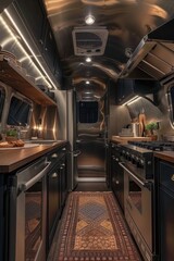 A designer steel interior inside a mobile home. The concept of a comfortable journey