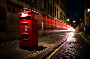 a red post box is on the street in night time, ai generative