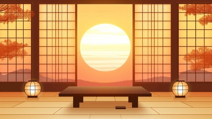Fototapeta premium Sunset View Through Shoji Screen in Traditional Japanese Room Overlooking Nature