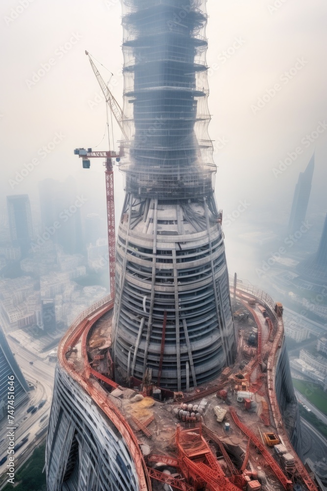 Aufkleber a tall building with a crane on top. suitable for construction and urban development concepts