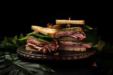 Rustic ambiance close-up photography of a juicy sandwiches on a palm leaf plate against a black slate background. AI Generation