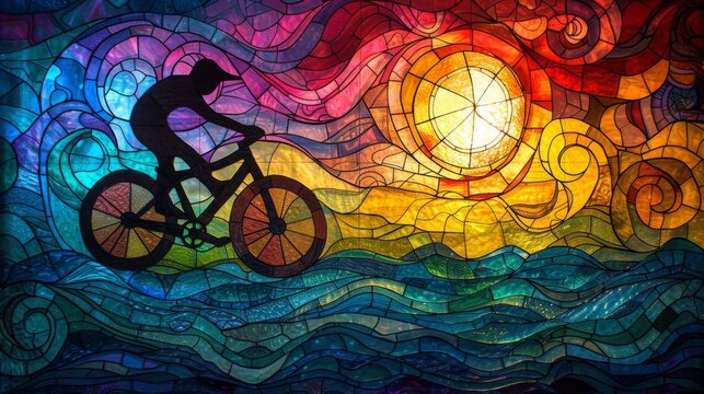 Stained glass window background with colorful Bicycle abstract.