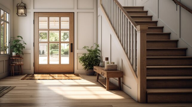 Interior with wooden stairs and bench, ideal for home decor projects