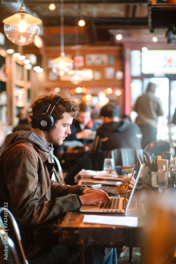 Poster a man sitting at a table using a laptop. suitable for technology concepts