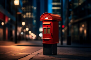 Fototapeta premium a red post box is on the street in night time, ai generative