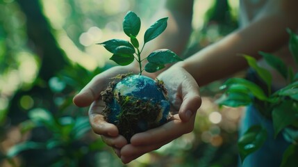 Person holding a small globe with a plant growing out of it. Great for environmental concepts
