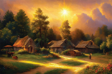 Fototapeta na wymiar Oil painting of a Beautiful Village. Oil painting - houses in the village. Old historic Village. Oil paintings rural landscape. A rustic village scene, bathed in the ethereal glow of a heaven. 