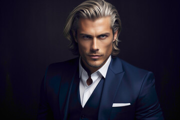 Dressed in a sharp navy blue suit, the male model exudes confidence against a backdrop of sleek silver, his perfect hairstyle and attire symbolizing timeless elegance.