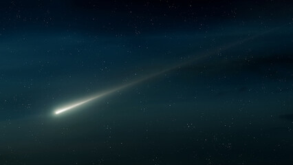 Meteor against a background of stars. Fireball in the evening sky. Beautiful falling star.