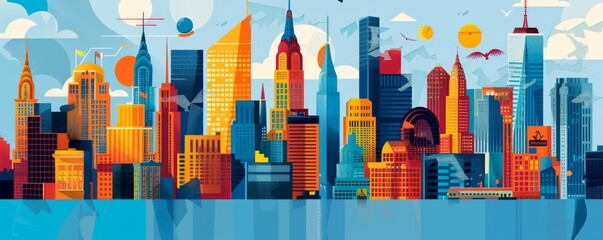 Stylized Cityscape Illustration with Abstract Skyscrapers and Dynamic Composition, Ideal for Urban Design and Modern Art Projects