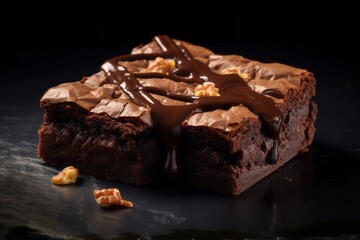 Highly detailed close-up photography of an hearty brownie on a ceramic tile against a black slate background. AI Generation