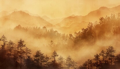 Obraz premium a painting of an oriental landscape with trees and mountains Generative AI