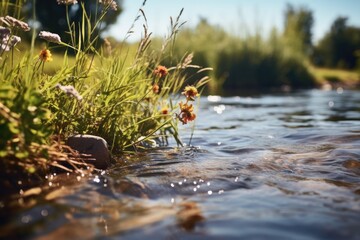 Beautiful flowers floating in calm river, perfect for nature concepts