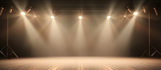 An empty stage is brightly illuminated by spotlights, casting dramatic shadows and creating a focal point for performances and presentations. The spotlights highlight the otherwise empty space,