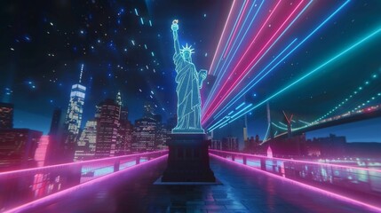 Futuristic Neon Glow Statue of Liberty and Skyline, Symbolizing New York's Vibrant Nightlife and...