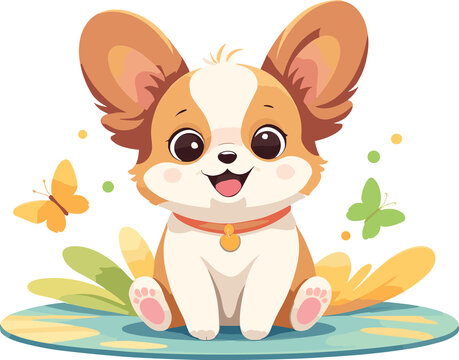 Adorable Papillon puppy sitting on mat in garden with butterflies, cartoon illustration png, puppy design element for dog breed, nursery décor, kids, children's book, party, kid-friendly character