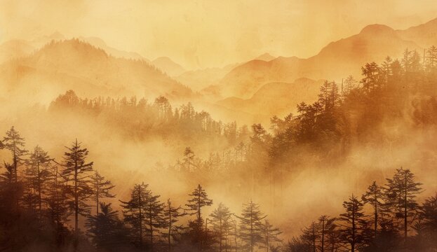 a painting of an oriental landscape with trees and mountains Generative AI