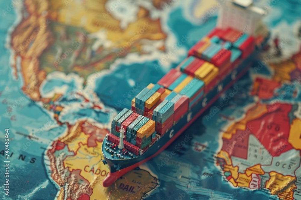 Poster a model of a cargo ship placed on top of a map. suitable for transportation and logistics concepts