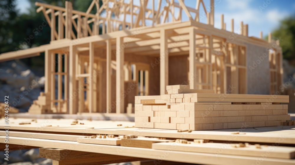 Poster a wooden model of a house being built. ideal for architectural and construction concepts