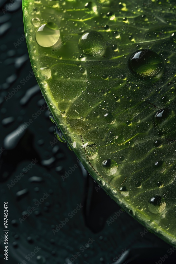 Poster close up of a leaf with water droplets. suitable for nature and environment concepts
