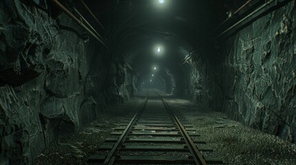 Fototapeta na wymiar Eerie Underground Tunnel with Railway Tracks