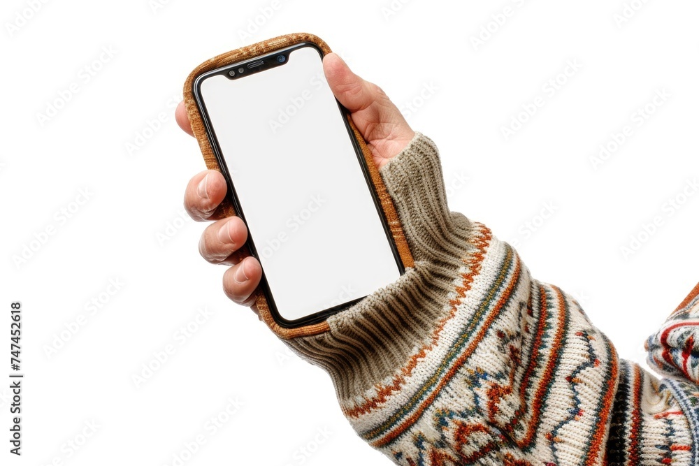 Poster a person holding a cell phone with a white screen. ideal for technology concepts