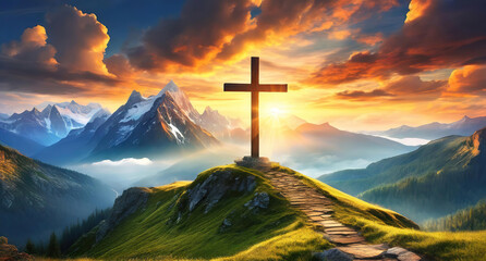 Superb Christianity and nature unite in stunning mountain landscape - obrazy, fototapety, plakaty