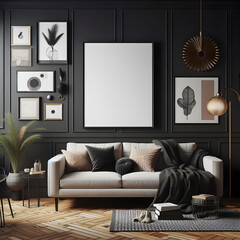 A Mockup frame in room interior with retro decor, 3d render