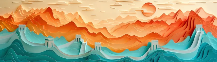 Tableaux ronds sur aluminium Mur chinois Artistic Paper Cutout of Great Wall of China at Sunset