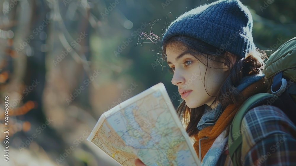 Poster woman with backpack studying a map, suitable for travel and navigation concepts