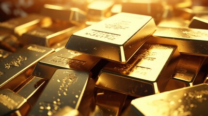 A pile of gold bars stacked on top of each other. Ideal for financial and wealth concepts - obrazy, fototapety, plakaty