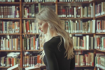 A young woman with long blonde hair reading a book in a quiet, well-stocked library filled with rows of bookshelves.

