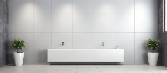 A public restroom with a bathtub and two planters. The room features a gray floor and white ceramic walls. The tub is empty, and the planters are positioned near the window.