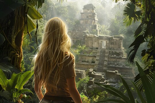 A woman with long blonde hair stands at the edge of a dense jungle, gazing at an ancient Mayan temple shrouded in mist and surrounded by lush vegetation.

