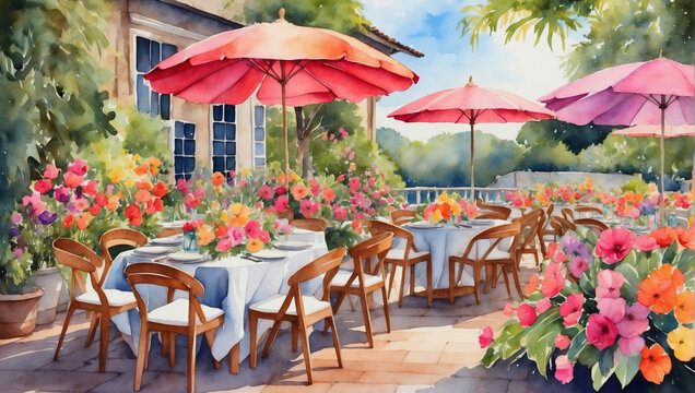 Watercolor garden party with colorful umbrellas, flowers, and outdoor furniture