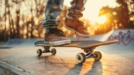 Skateboard Tricks at Sunset in Urban Skatepark