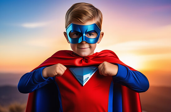 Young boy in superhero clothing and eyewear, smiling happily with cape and mask