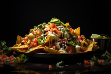 Highly detailed close-up photography of a juicy nachos on a metal tray against a black slate background. AI Generation