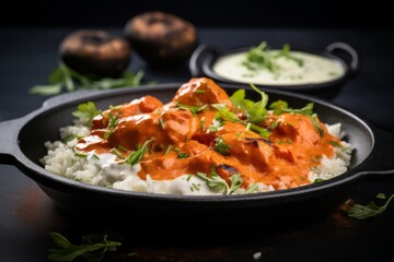 Fototapeta na wymiar Macro detail close-up photography of a delicious chicken tikka masala on a rustic plate against a black slate background. AI Generation