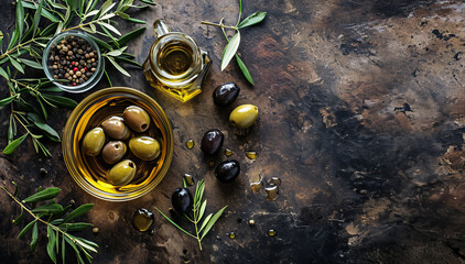 Flatlay of black and green olives near vegetable olive oil in glass bowl on dark background with copyspace for text. Concept of healthy mediterranean food, vegetarian dressing for salads - obrazy, fototapety, plakaty