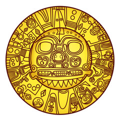 Golden sun of Echenique. Pre-Hispanic golden plate of unknown meaning, maybe representing the sun god Inti. Worn as breastplate by Inca rulers, since 1986 the coat of arms of the city Cusco in Peru. - obrazy, fototapety, plakaty