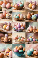 Set of 15 pictures, a collage, with egg-shaped or cone-shaped mother-of-pearl stones in various pastel colors in shells and bowls, abstract