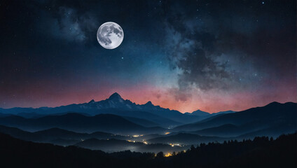 Watercolor night sky with a full moon, stars, and silhouetted mountains.