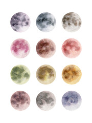 Full moon calendar watercolor art. Full moon names guide , monthly full moon calendar,  moon wall art. 