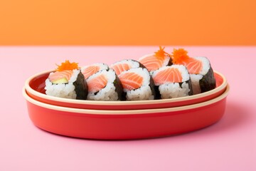 Macro view photography of a juicy sushi in a clay dish against a colorful tile background. AI Generation