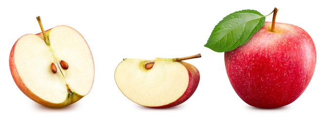 Red apple whole and cut in half with leaf isolated on white background. Apple Clipping Path. Full depth of field.