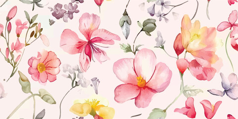 Seamless pattern, Blooming flowers with watercolor on pastel colors. Design for fabric luxurious wallpaper, vintage style. Hand drawn floral pattern. Botany garden